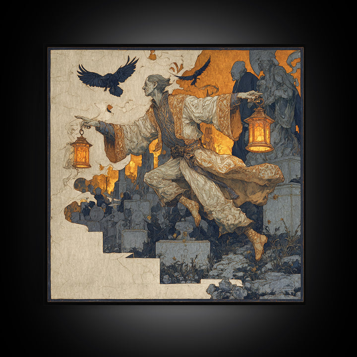 The Lantern Mage, Symbolist Death Art, Square Wall Art, Macabre Wall Art, Framed Canvas Print, Halloween Wall Art, Halloween Decor