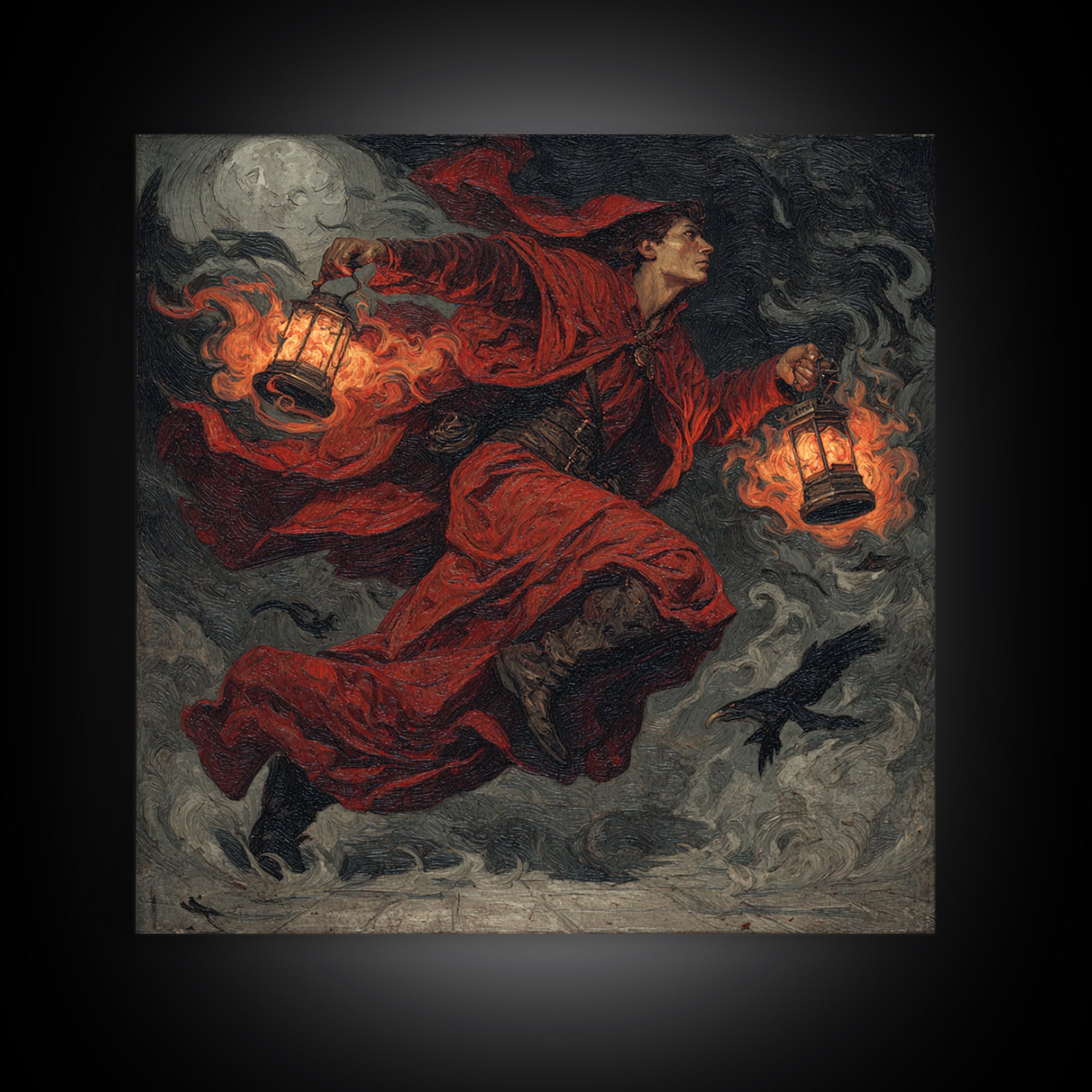 The Lantern Mage, Dark Symbolist Art, Square Wall Art, Dark Halloween Decor, Framed Canvas Print, Halloween Wall Art
