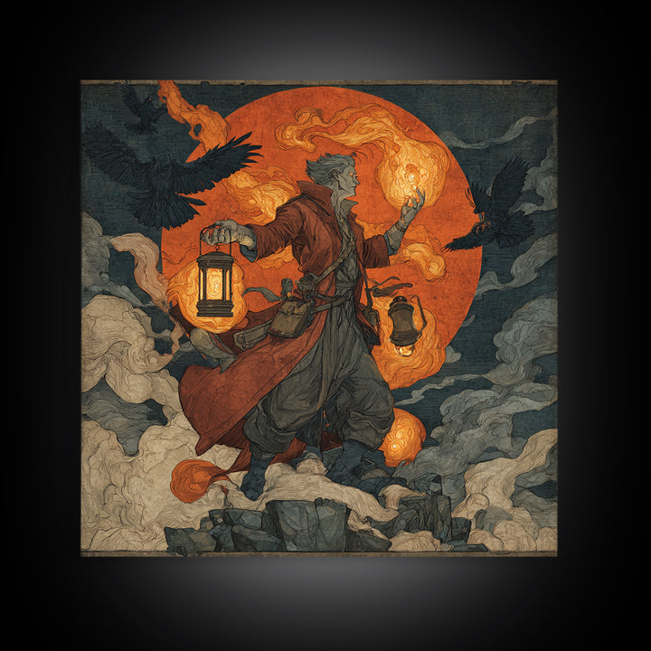 The Lantern Mage, Symbolist Etching Art, Square Wall Art, Gothic Horror Wall Art, Canvas Print, Halloween Wall Art, Gothic Home Decor