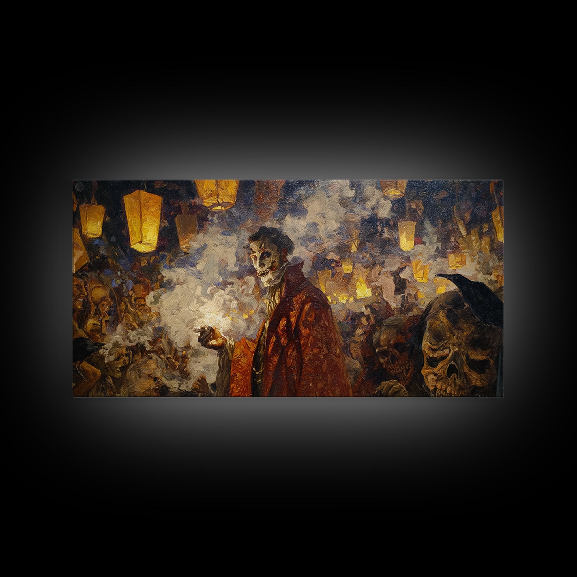 The Lantern Mage, Grotesque Carnival Art, Wide Panoramic Art, Dark Halloween Decor, Framed Canvas Print, Halloween Wall Art