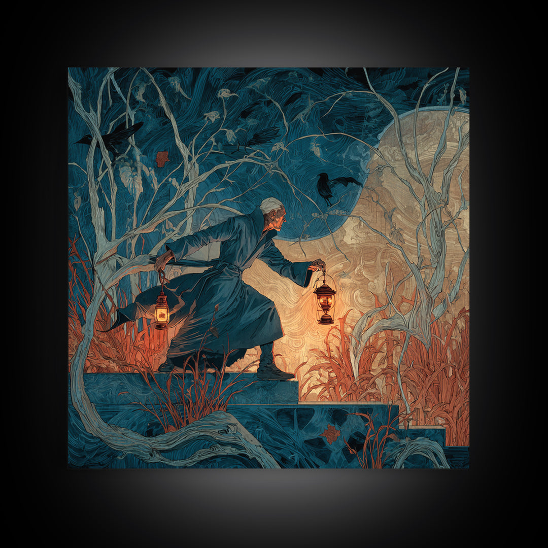 The Lantern Mage, Expressionist Gothic Art, Square Wall Art, Dark Halloween Decor, Canvas Print, Halloween Wall Art, Horror Wall Art