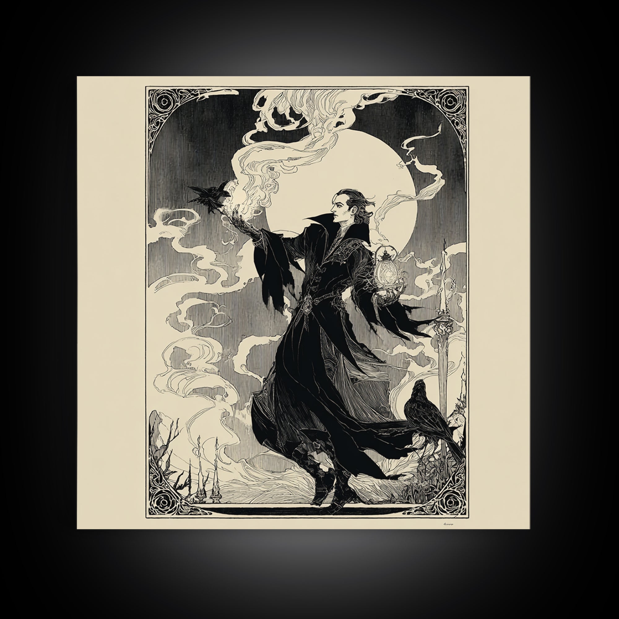 The Lantern Mage, Decadent Line Art, Square Wall Art, Macabre Wall Art, Canvas Print, Halloween Wall Art, Dark Fantasy Art