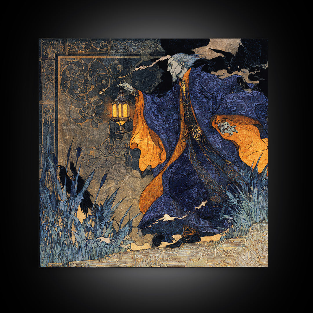 The Lantern Mage, Stained Glass Gothic Art, Square Wall Art, Dark Halloween Decor, Canvas Print, Halloween Wall Art, Gothic Home Decor