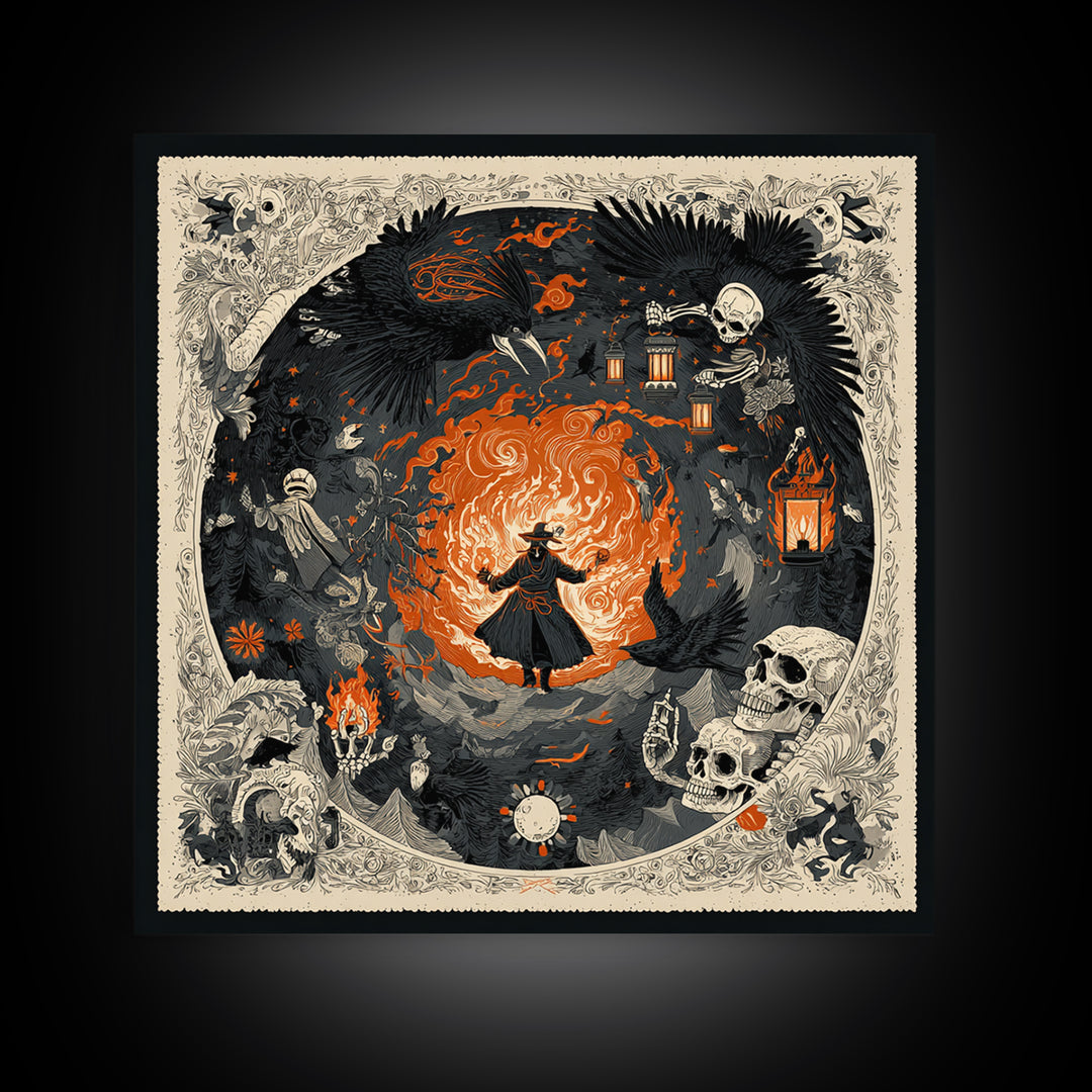 The Lantern Mage, Macabre Folk Print Art, Square Wall Art, Dark Fantasy Wall Art, Framed Canvas Print, Halloween Wall Art