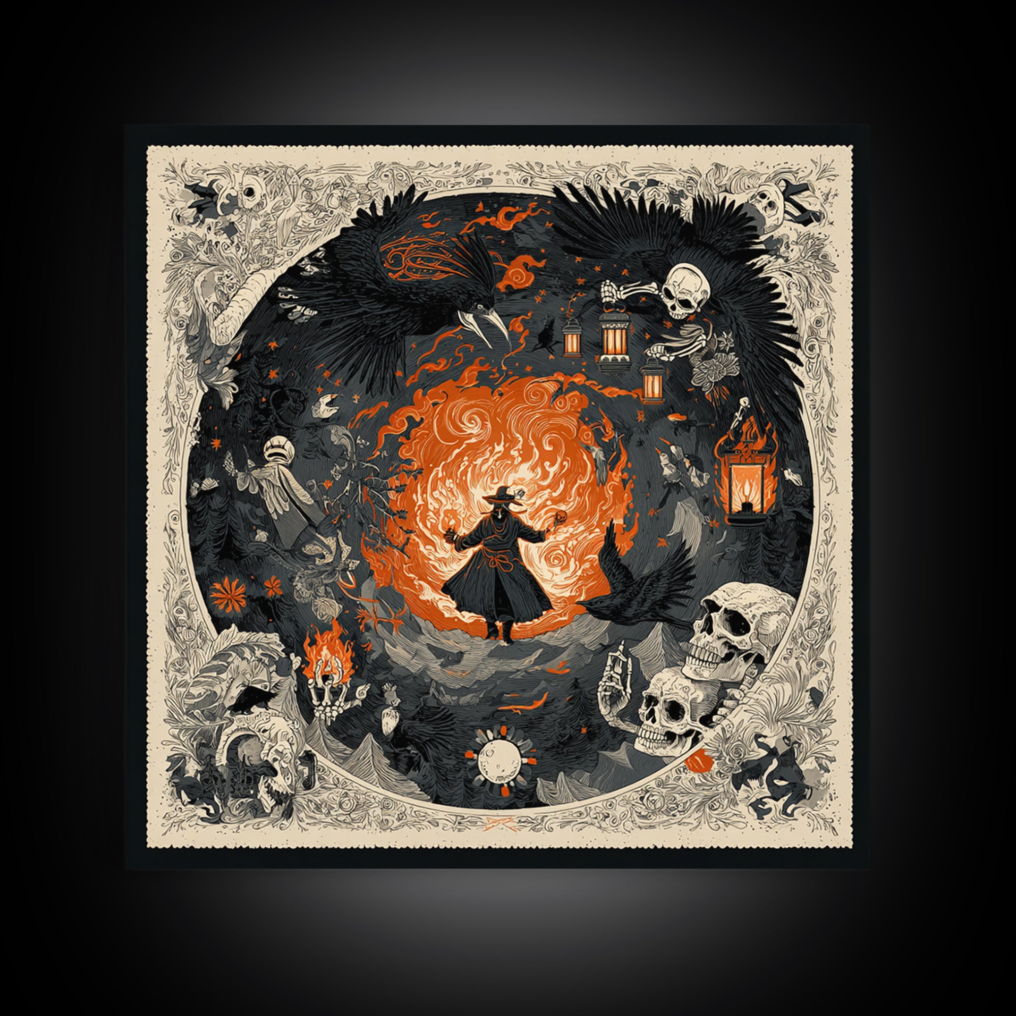 The Lantern Mage, Macabre Folk Print Art, Square Wall Art, Dark Fantasy Wall Art, Framed Canvas Print, Halloween Wall Art