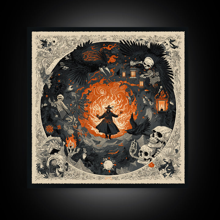 The Lantern Mage, Macabre Folk Print Art, Square Wall Art, Dark Fantasy Wall Art, Framed Canvas Print, Halloween Wall Art