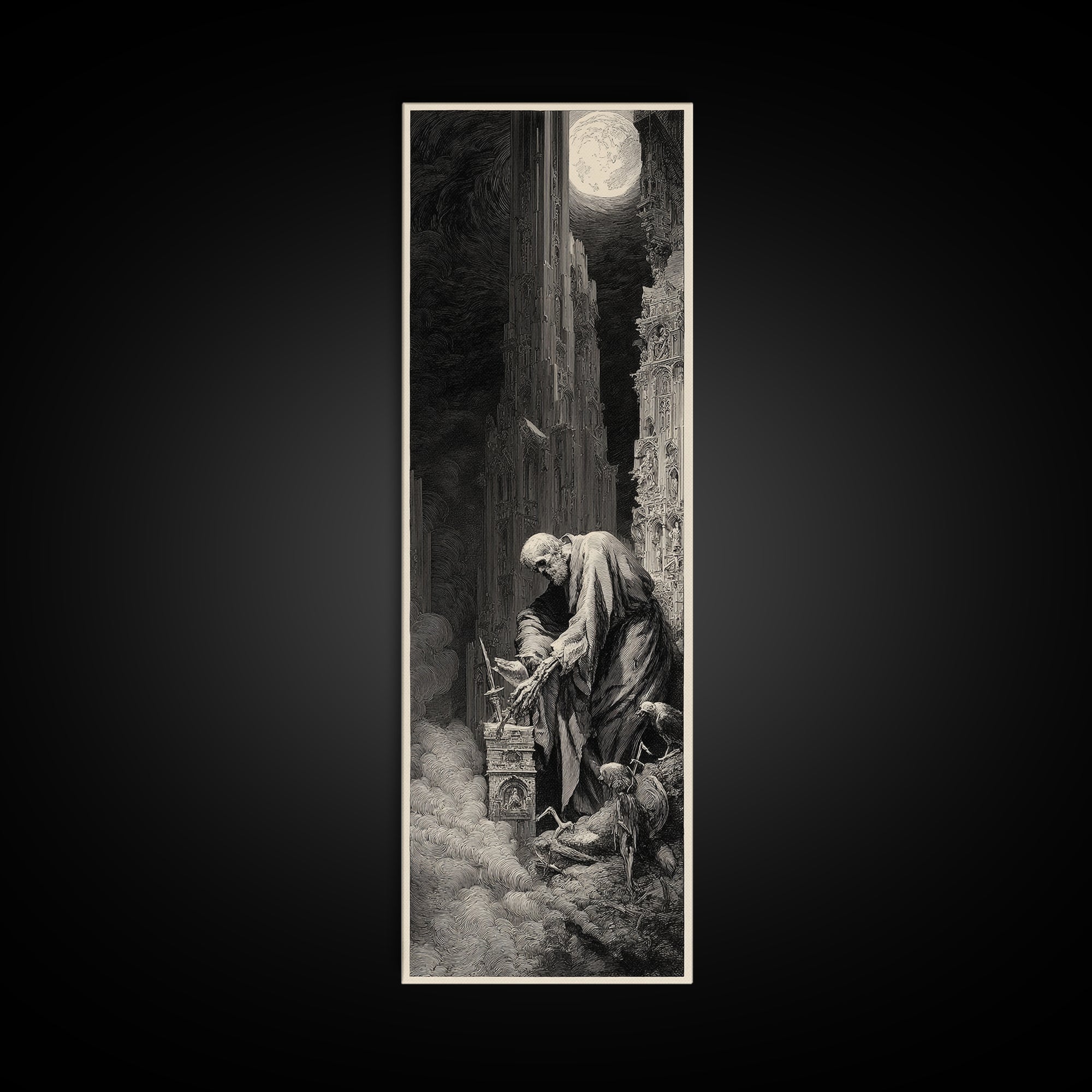 The Bone Sculptor, Gothic Engraving Art, Tall Narrow Wall Art, Dark Fantasy Wall Art, Framed Canvas Print, Halloween Wall Art