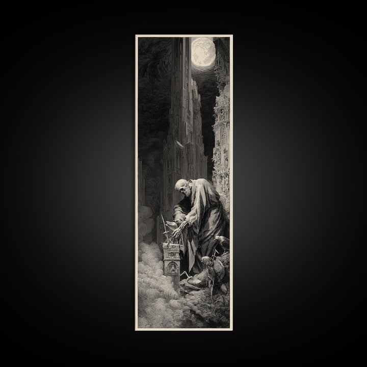The Bone Sculptor, Gothic Engraving Art, Tall Narrow Wall Art, Dark Fantasy Wall Art, Framed Canvas Print, Halloween Wall Art