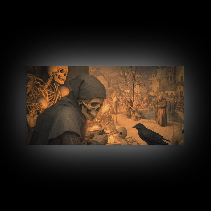 The Bone Sculptor, Northern Renaissance Horror, Wide Panoramic Art, Macabre Wall Art, Canvas Print, Halloween Wall Art