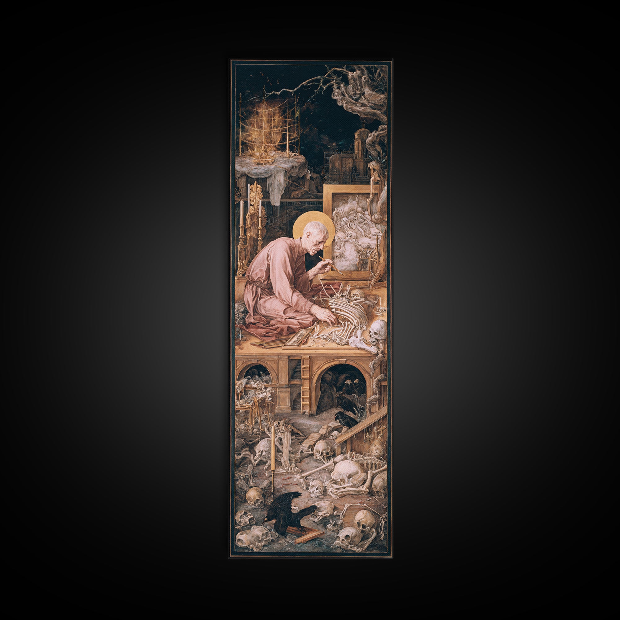 The Bone Sculptor, Dark Renaissance Art, Tall Narrow Wall Art, Dark Halloween Decor, Framed Canvas Print, Halloween Wall Art