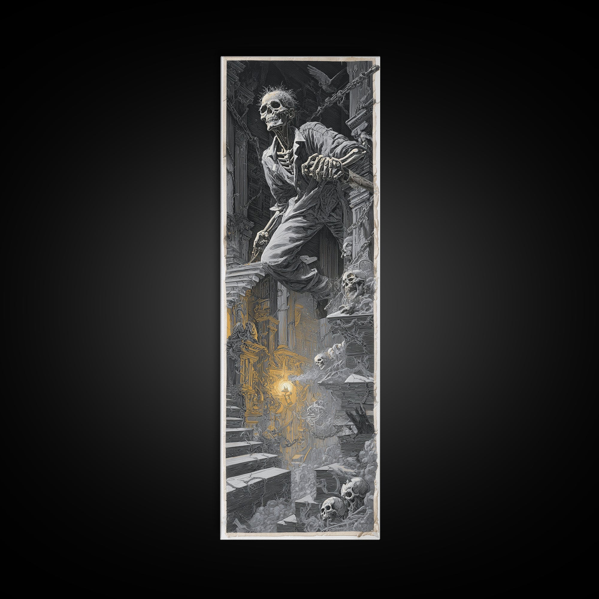 The Bone Sculptor, Architectural Etching Art, Tall Narrow Wall Art, Dark Fantasy Wall Art, Canvas Print, Halloween Wall Art