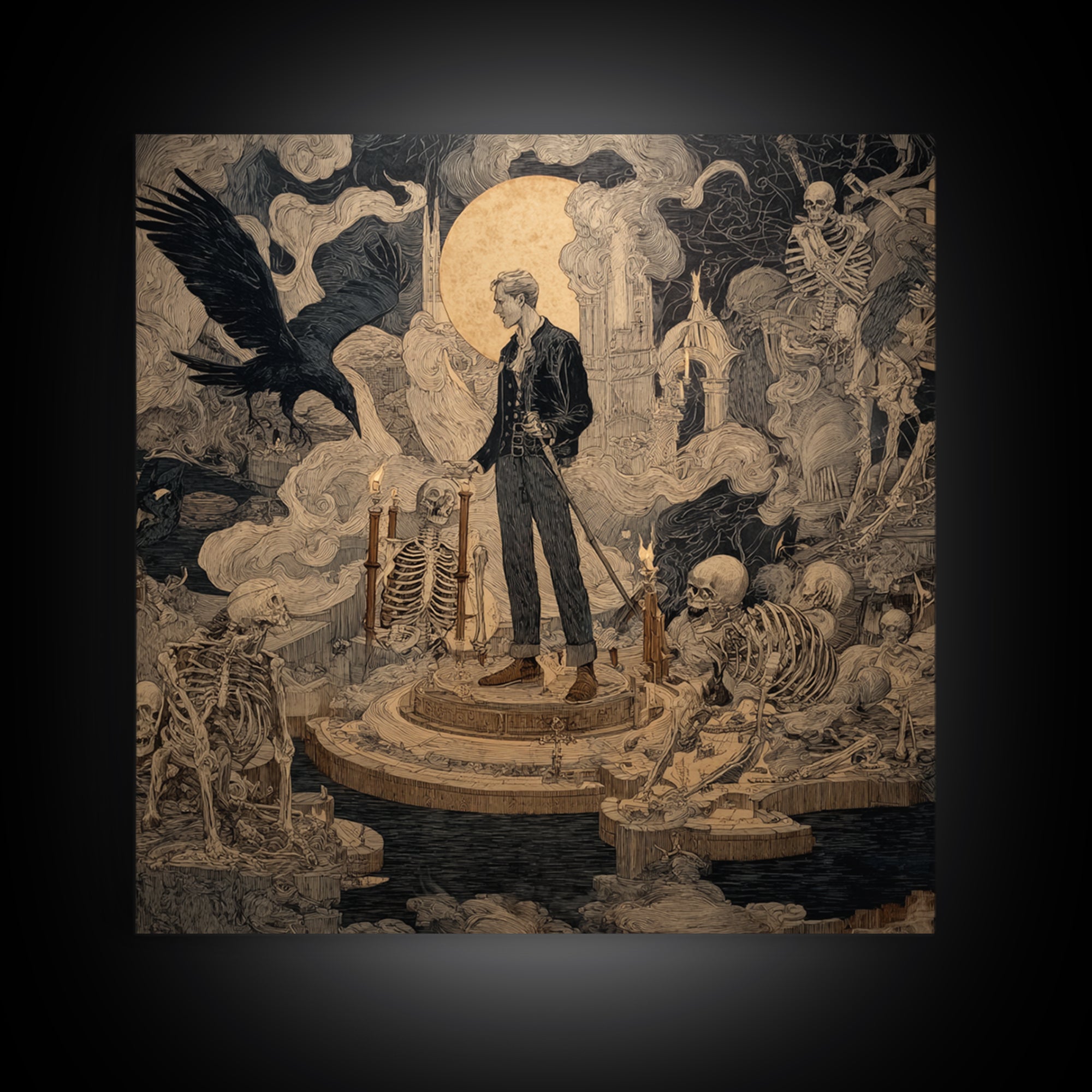 The Bone Sculptor, Symbolist Etching Art, Square Wall Art, Dark Fantasy Wall Art, Canvas Print, Halloween Wall Art, Gothic Home Decor