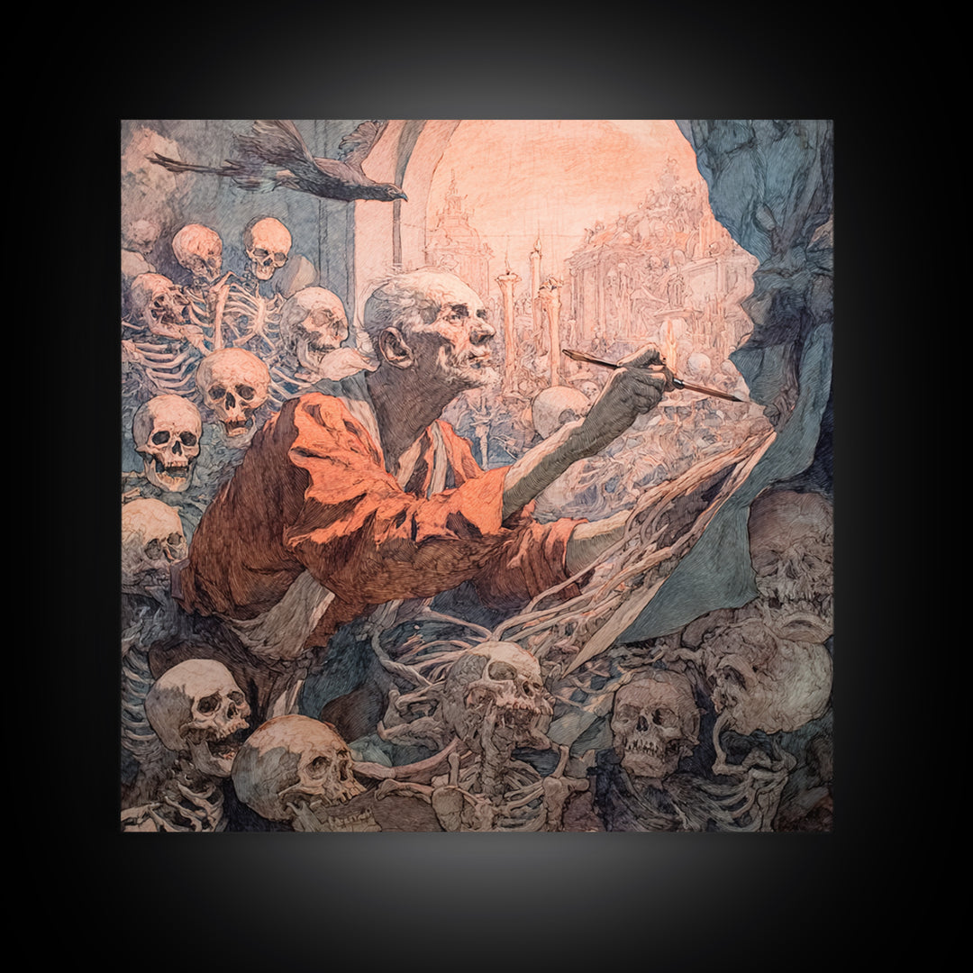 The Bone Sculptor, Grotesque Carnival Art, Square Wall Art, Dark Fantasy Wall Art, Framed Canvas Print, Halloween Wall Art