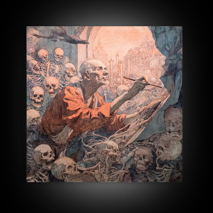 The Bone Sculptor, Grotesque Carnival Art, Square Wall Art, Dark Fantasy Wall Art, Framed Canvas Print, Halloween Wall Art