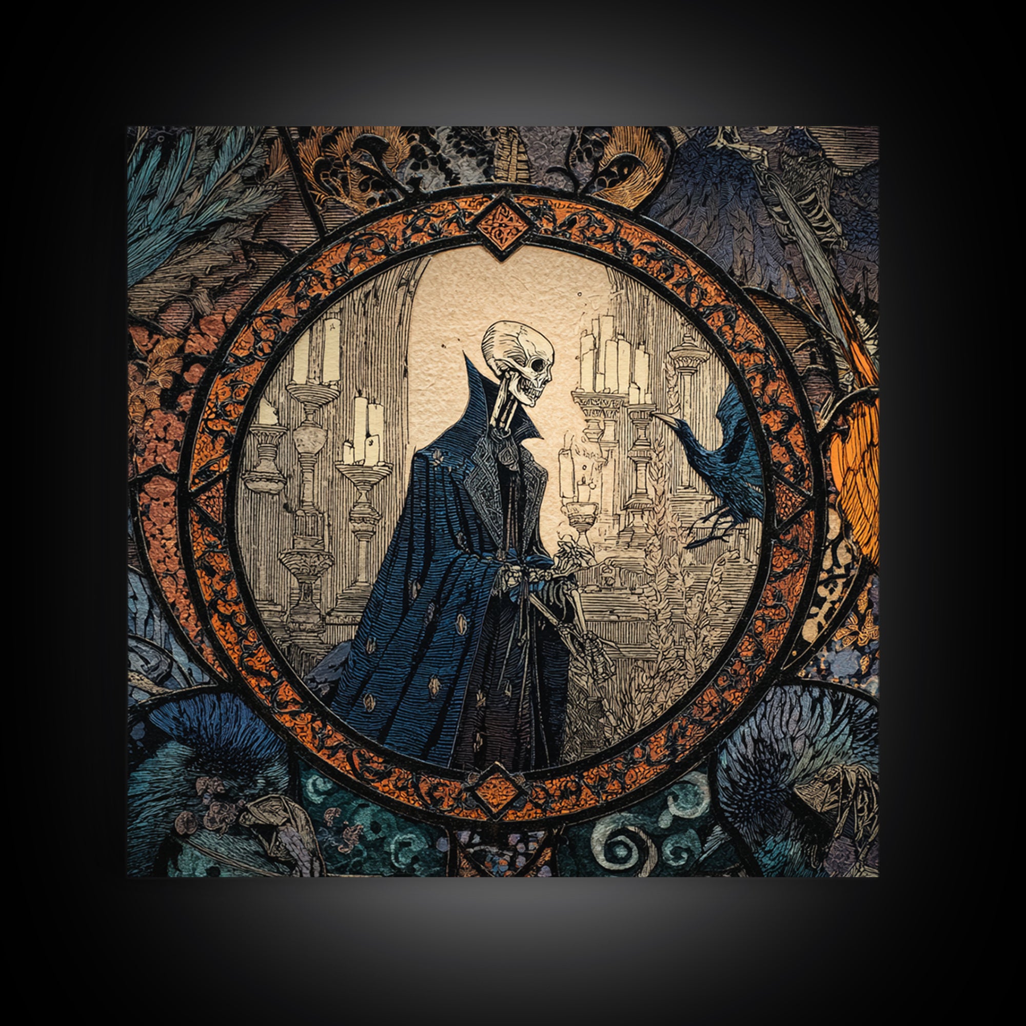 The Bone Sculptor, Stained Glass Gothic Art, Square Wall Art, Dark Halloween Decor, Canvas Print, Halloween Wall Art