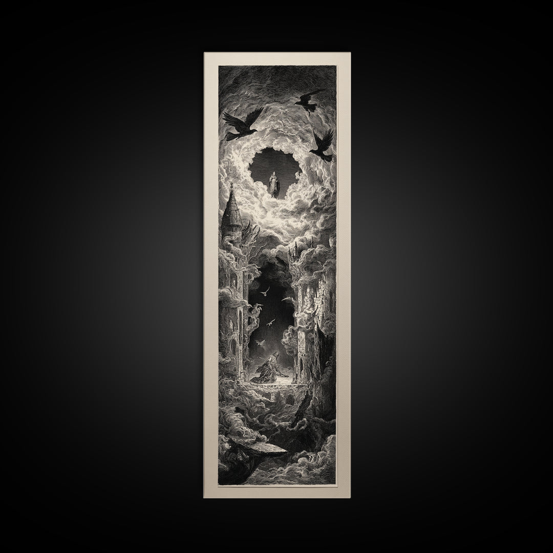 The Dream Eater, Gothic Engraving Art, Tall Narrow Wall Art, Dark Halloween Decor, Framed Canvas Print, Halloween Wall Art