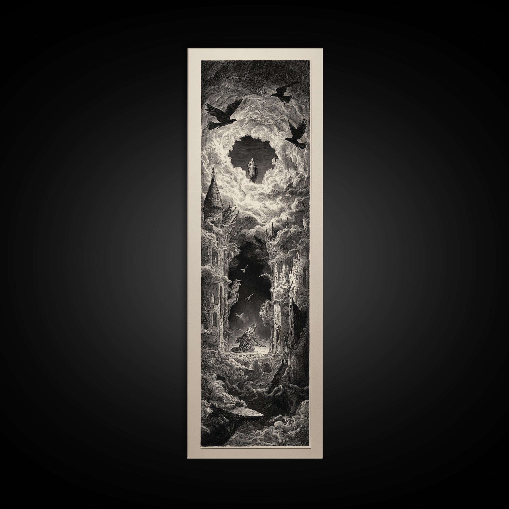 The Dream Eater, Gothic Engraving Art, Tall Narrow Wall Art, Dark Halloween Decor, Framed Canvas Print, Halloween Wall Art