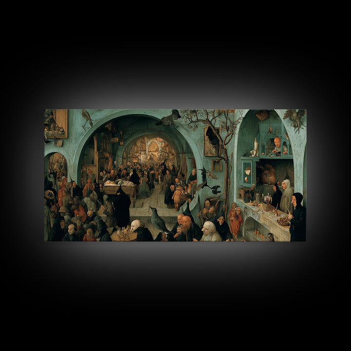 The Dream Eater, Northern Renaissance Horror, Wide Panoramic Art, Dark Halloween Decor, Framed Canvas Print, Halloween Wall Art