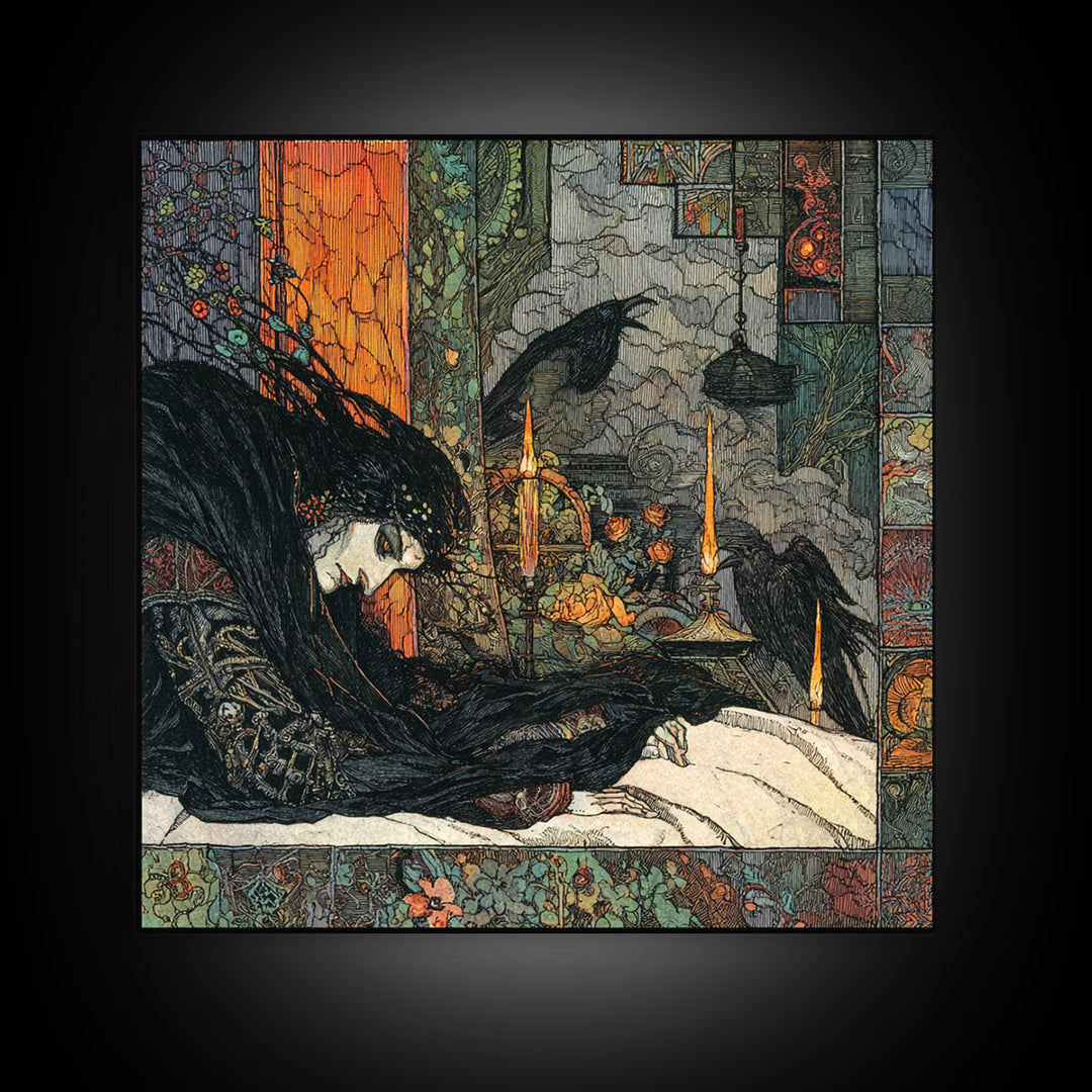 The Dream Eater, Stained Glass Gothic Art, Square Wall Art, Macabre Wall Art, Framed Canvas Print, Halloween Wall Art, Gothic Home Decor