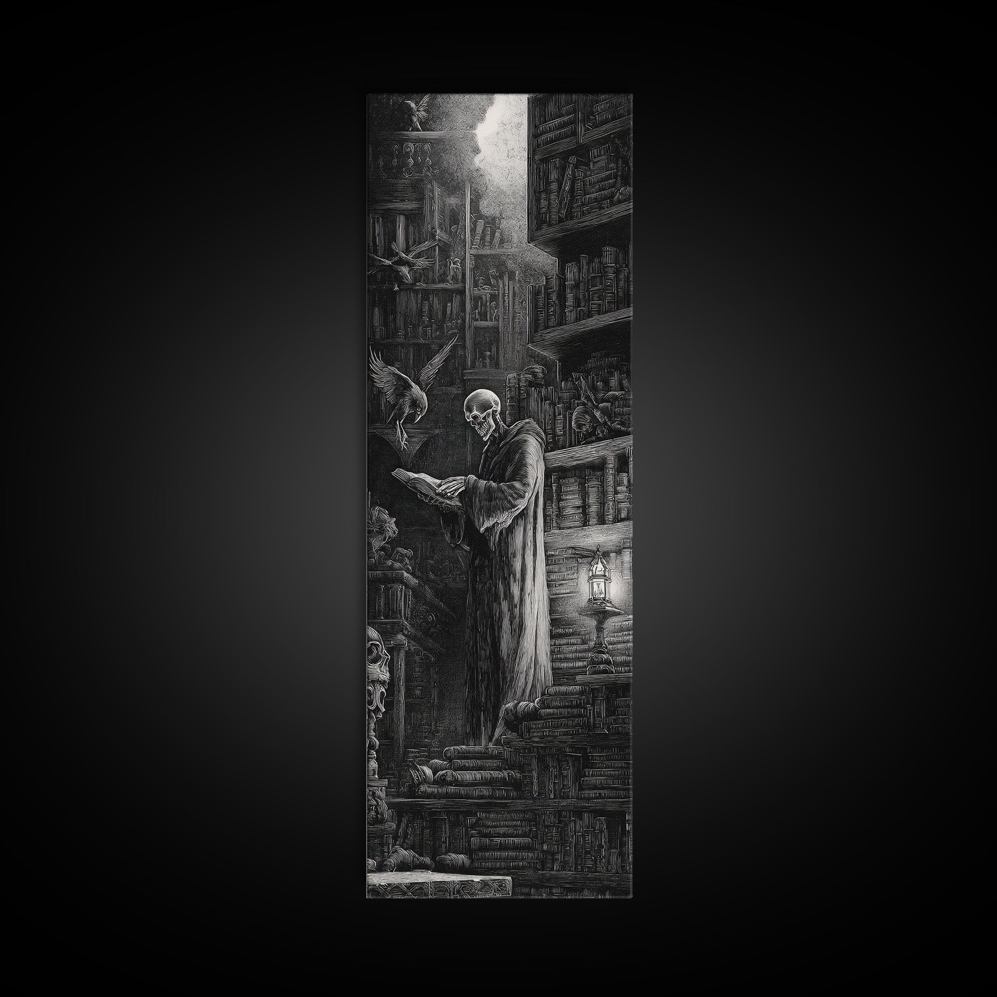 The Crypt Librarian, Gothic Engraving Art, Tall Narrow Wall Art, Gothic Horror Wall Art, Canvas Print, Halloween Wall Art