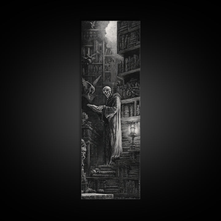 The Crypt Librarian, Gothic Engraving Art, Tall Narrow Wall Art, Gothic Horror Wall Art, Canvas Print, Halloween Wall Art