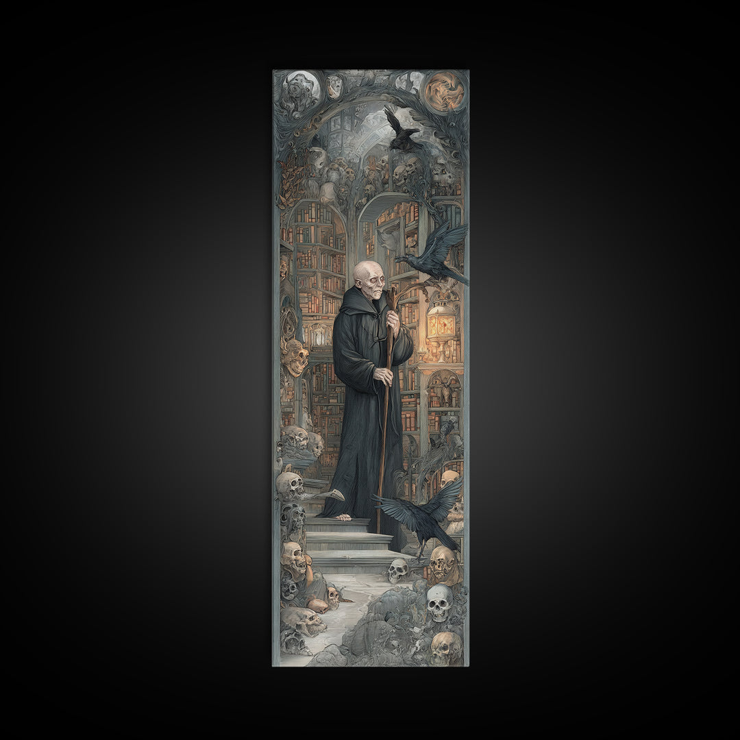 The Crypt Librarian, Medieval Grotesque Art, Tall Narrow Wall Art, Gothic Horror Wall Art, Framed Canvas Print, Halloween Wall Art
