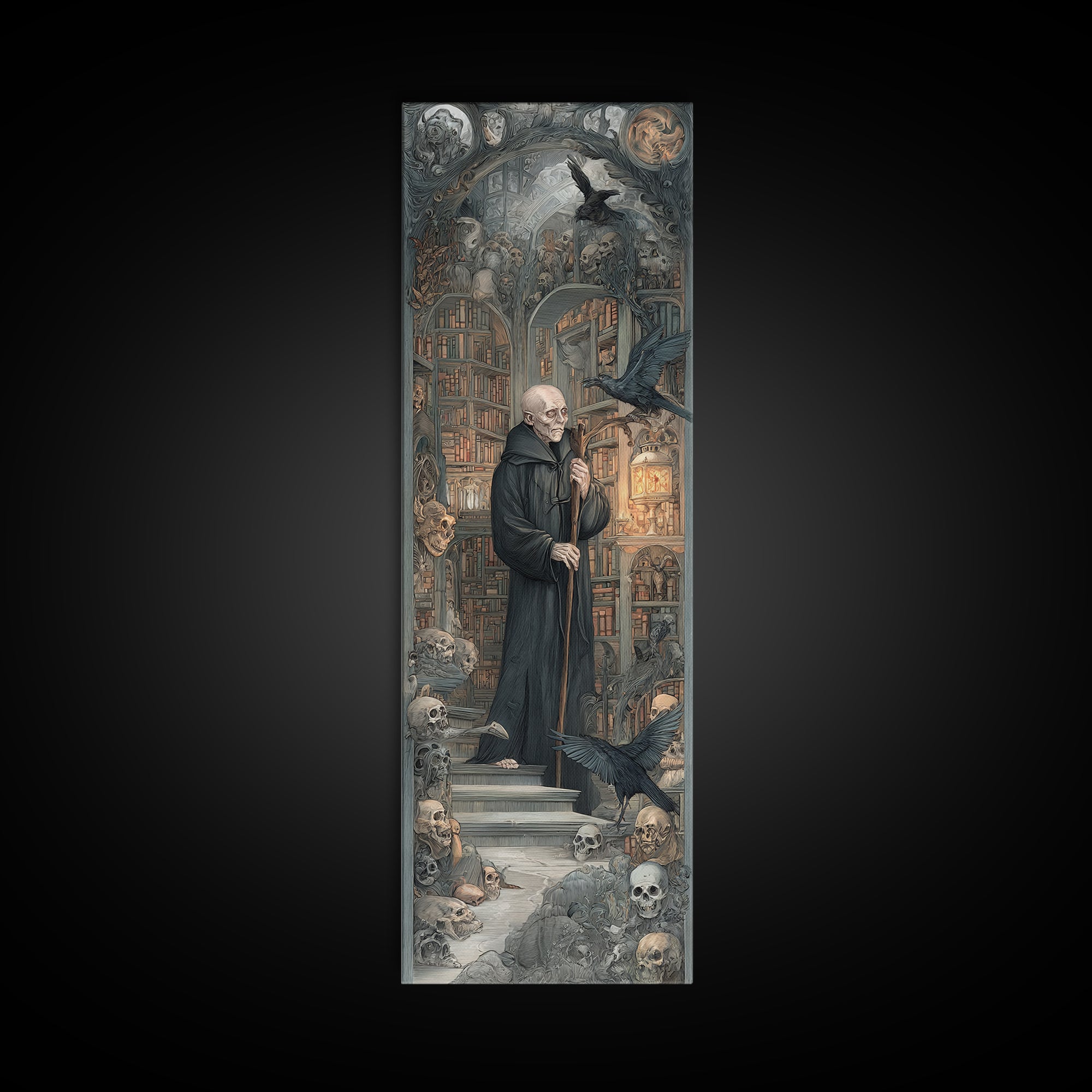 The Crypt Librarian, Medieval Grotesque Art, Tall Narrow Wall Art, Gothic Horror Wall Art, Framed Canvas Print, Halloween Wall Art