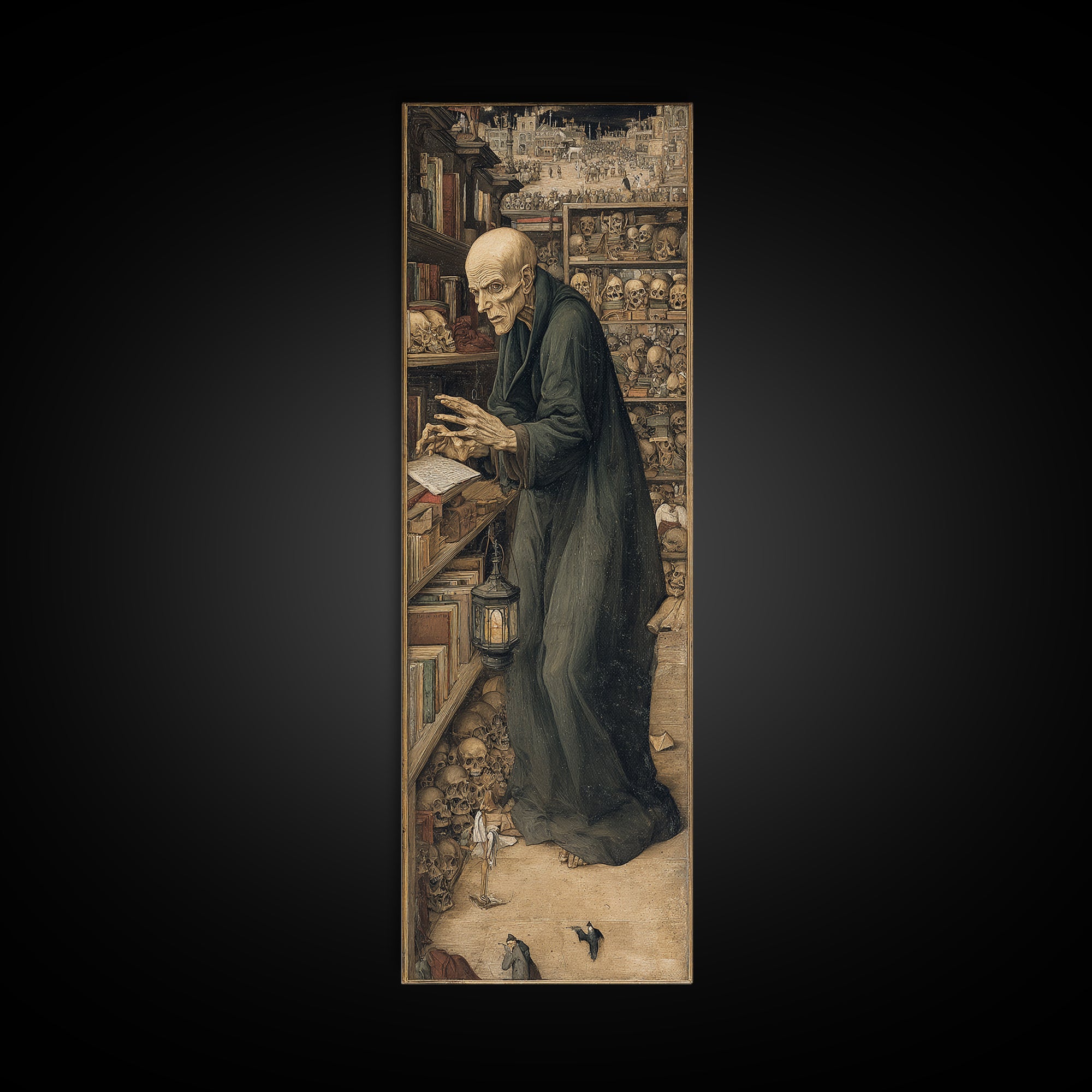 The Crypt Librarian, Northern Renaissance Horror, Tall Narrow Wall Art, Dark Fantasy Wall Art, Canvas Print, Halloween Wall Art