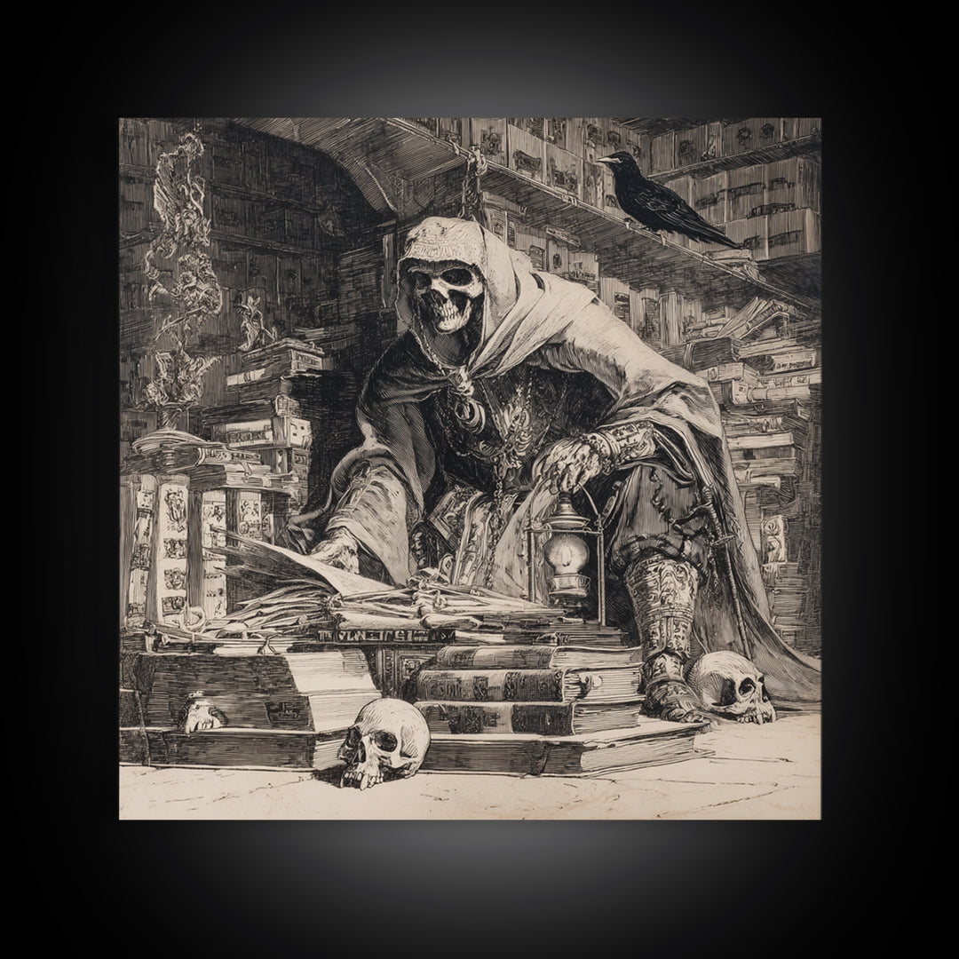 The Crypt Librarian, Renaissance Engraving Art, Square Wall Art, Dark Halloween Decor, Framed Canvas Print, Halloween Wall Art