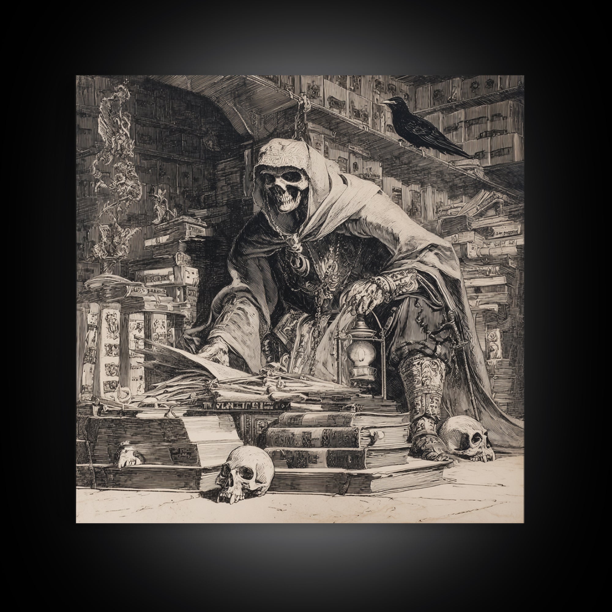 The Crypt Librarian, Renaissance Engraving Art, Square Wall Art, Dark Halloween Decor, Framed Canvas Print, Halloween Wall Art