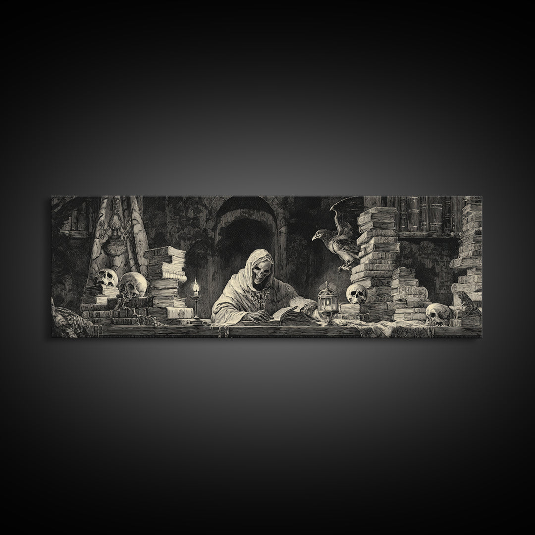 The Crypt Librarian, Dark Romantic Horror Art, Extra Wide Wall Art, Macabre Wall Art, Framed Canvas Print, Halloween Wall Art