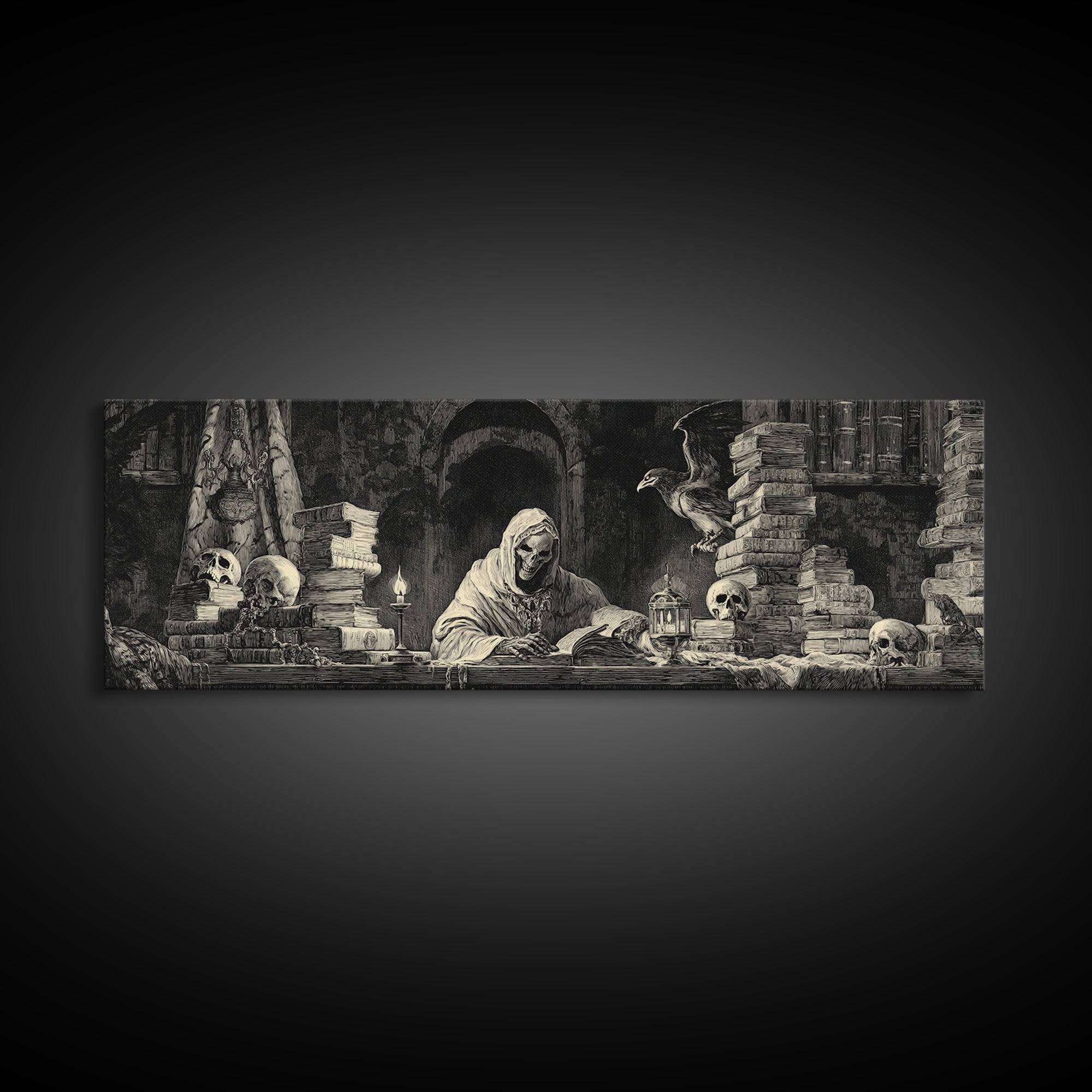 The Crypt Librarian, Dark Romantic Horror Art, Extra Wide Wall Art, Macabre Wall Art, Framed Canvas Print, Halloween Wall Art