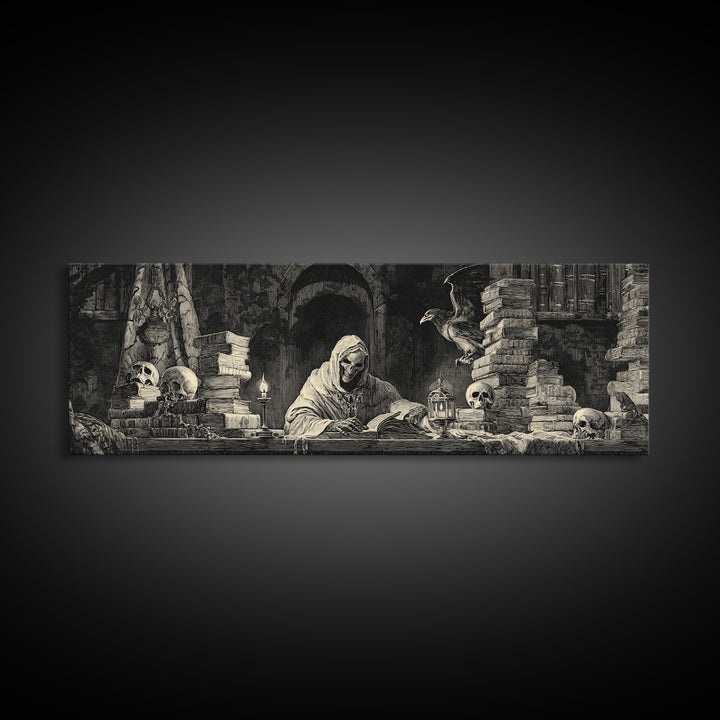 The Crypt Librarian, Dark Romantic Horror Art, Extra Wide Wall Art, Macabre Wall Art, Framed Canvas Print, Halloween Wall Art