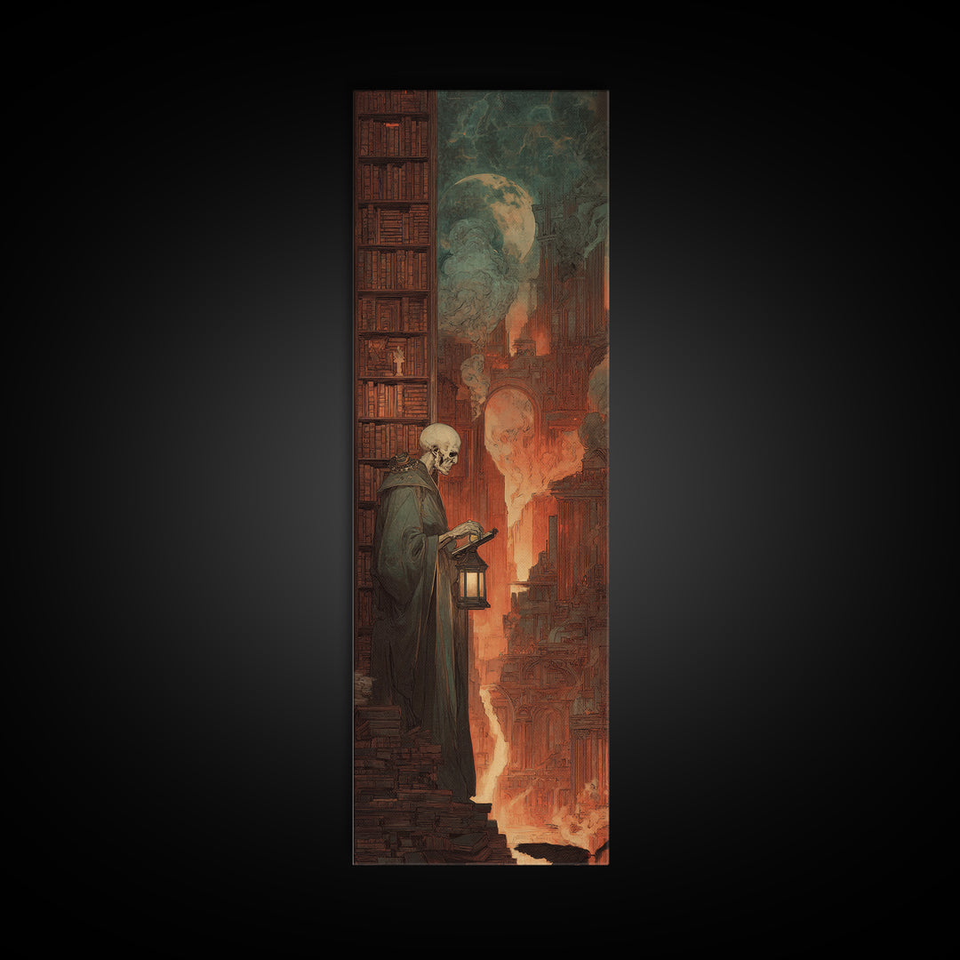 The Crypt Librarian, Apocalyptic Romantic Art, Tall Narrow Wall Art, Dark Fantasy Wall Art, Framed Canvas Print, Halloween Wall Art
