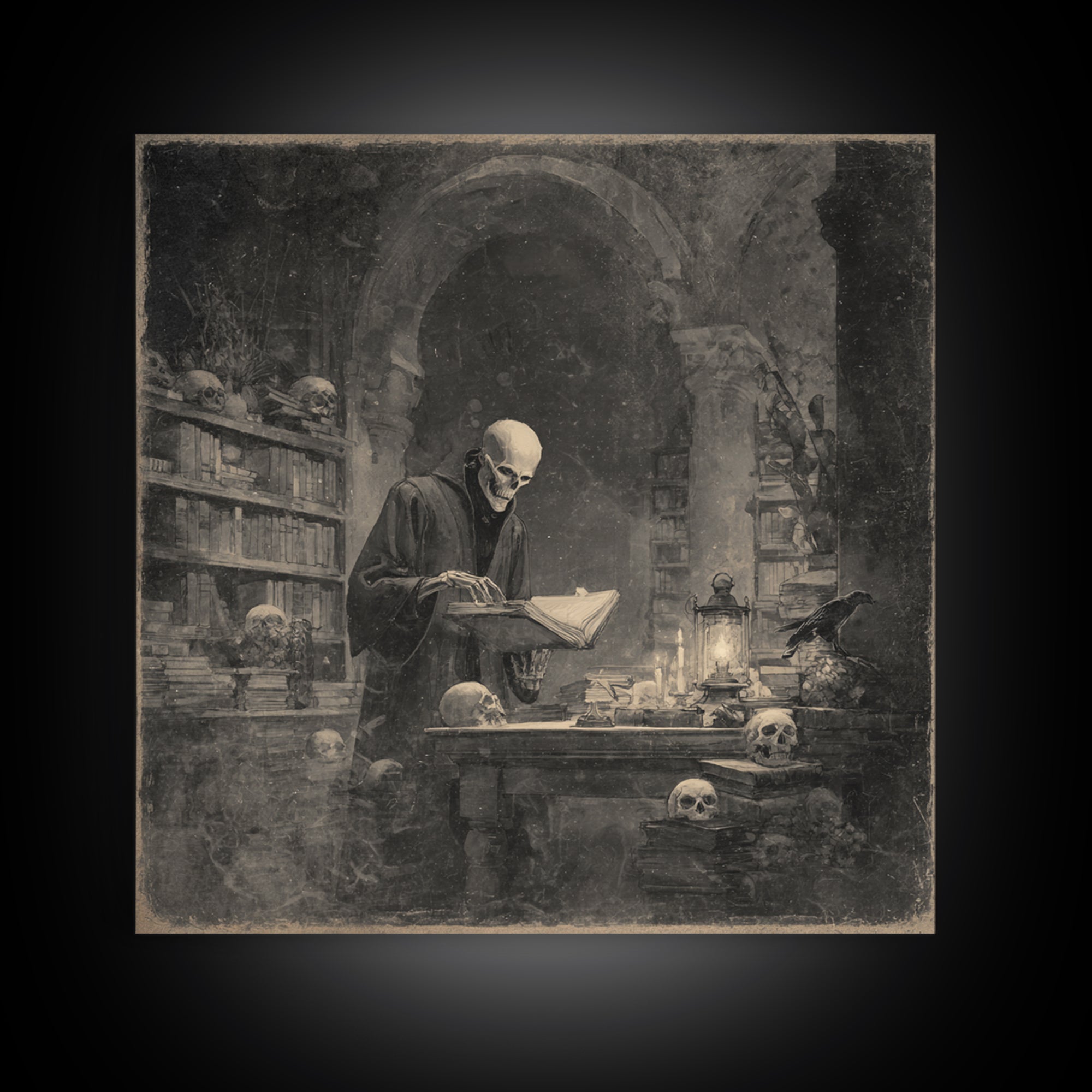 The Crypt Librarian, Symbolist Dream Art, Square Wall Art, Dark Fantasy Wall Art, Canvas Print, Halloween Wall Art, Gothic Home Decor