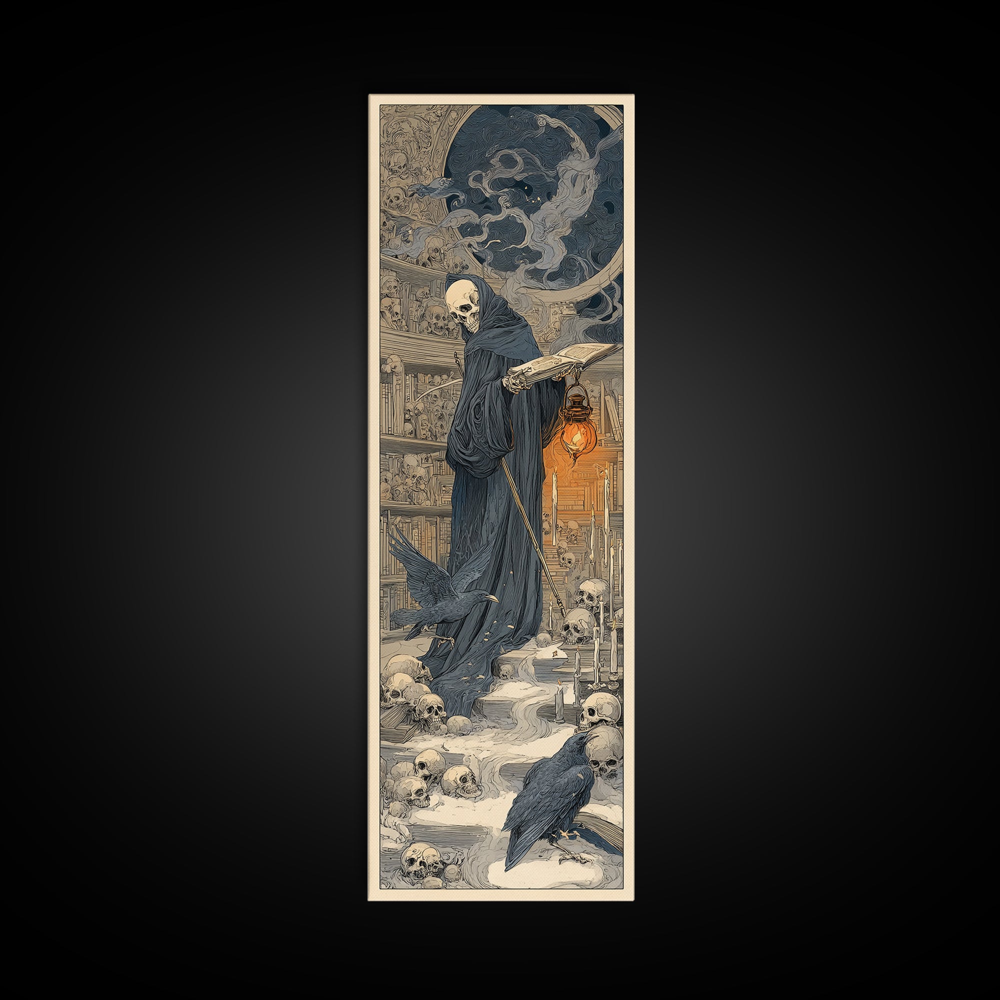 The Crypt Librarian, Symbolist Death Art, Tall Narrow Wall Art, Dark Halloween Decor, Framed Canvas Print, Halloween Wall Art
