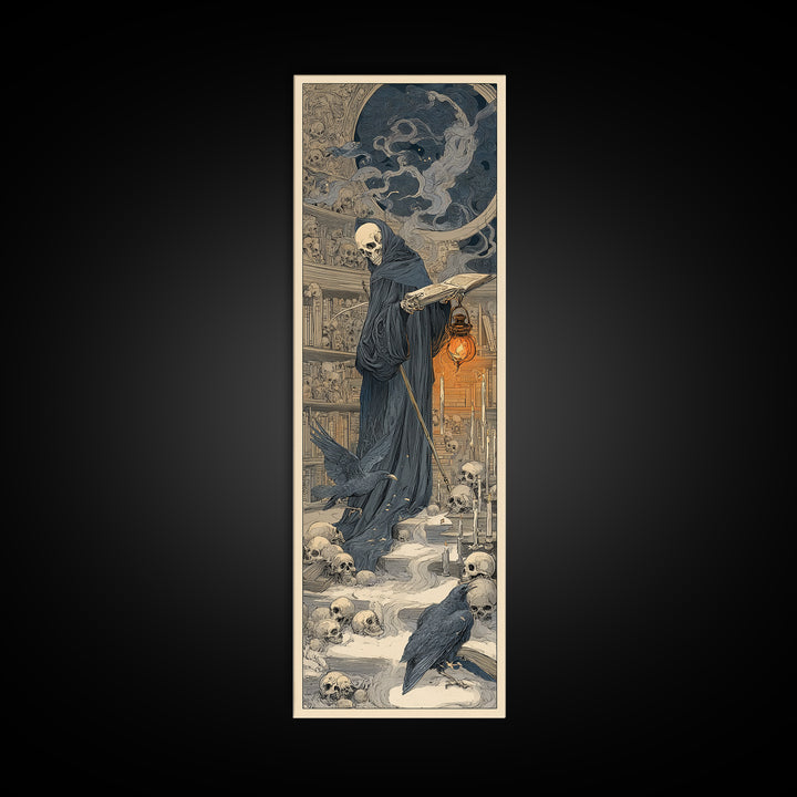 The Crypt Librarian, Symbolist Death Art, Tall Narrow Wall Art, Dark Halloween Decor, Framed Canvas Print, Halloween Wall Art