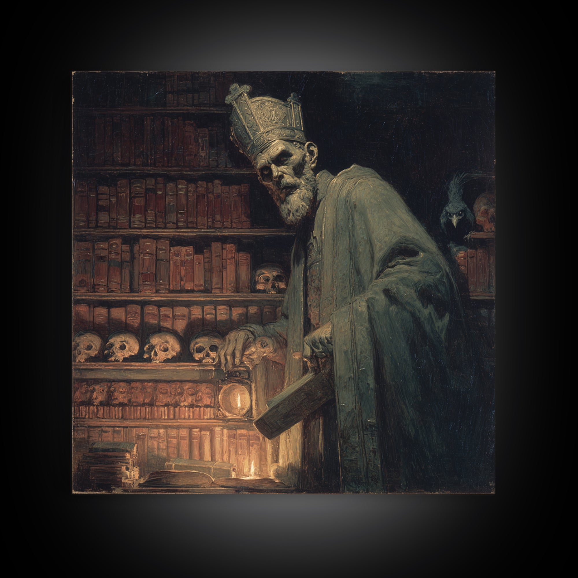 The Crypt Librarian, Dark Symbolist Art, Square Wall Art, Gothic Horror Wall Art, Framed Canvas Print, Halloween Wall Art