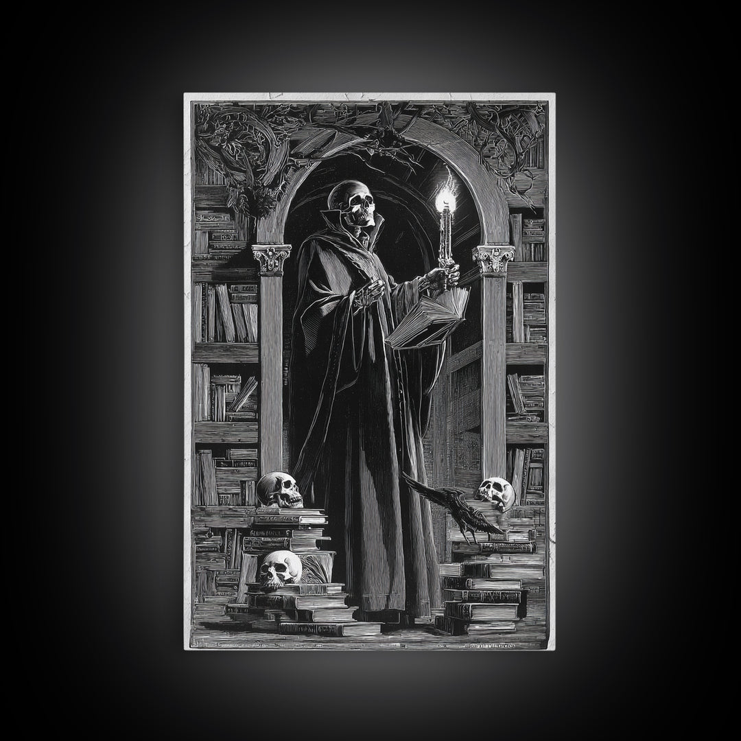 The Crypt Librarian, Symbolist Etching Art, Vertical Wall Art, Gothic Horror Wall Art, Framed Canvas Print, Halloween Wall Art