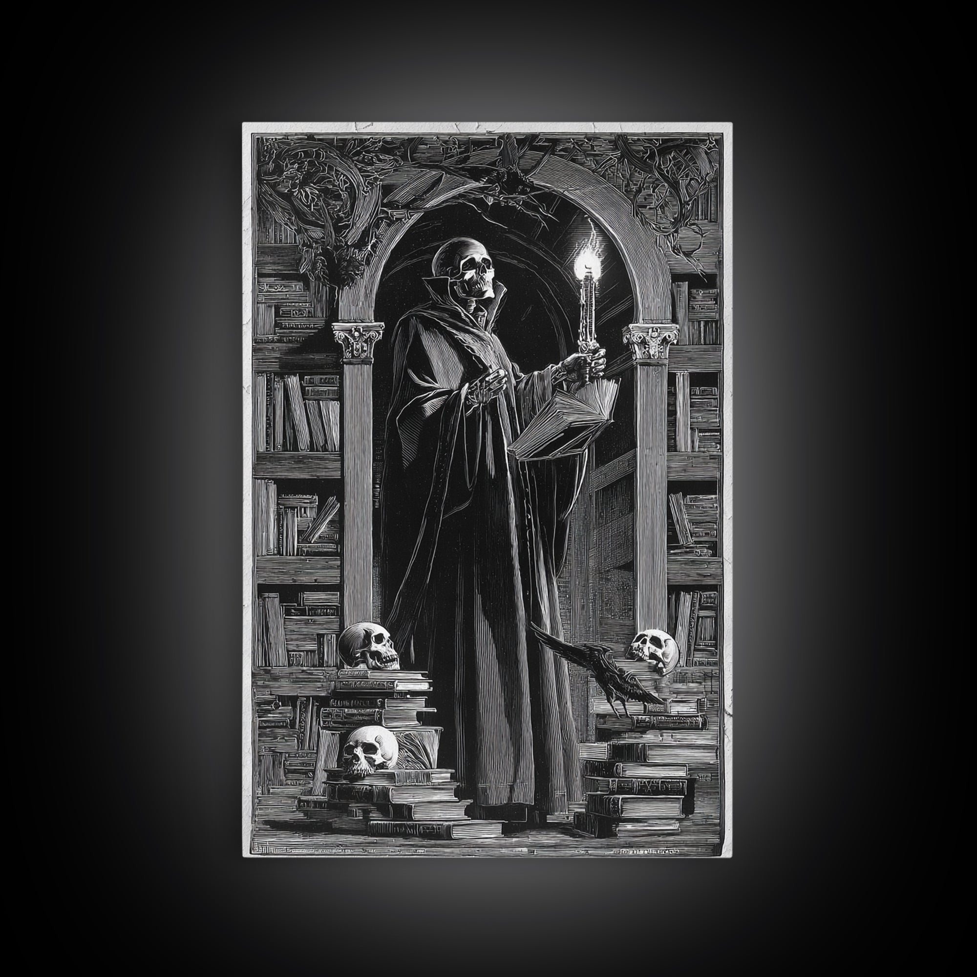 The Crypt Librarian, Symbolist Etching Art, Vertical Wall Art, Gothic Horror Wall Art, Framed Canvas Print, Halloween Wall Art