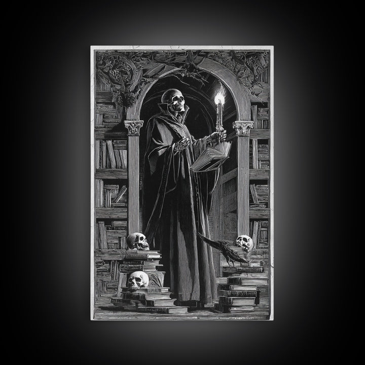 The Crypt Librarian, Symbolist Etching Art, Vertical Wall Art, Gothic Horror Wall Art, Framed Canvas Print, Halloween Wall Art