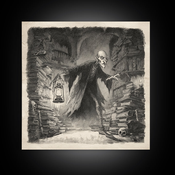 The Crypt Librarian, Expressionist Nightmare Art, Square Wall Art, Macabre Wall Art, Canvas Print, Halloween Wall Art, Dark Fantasy Art