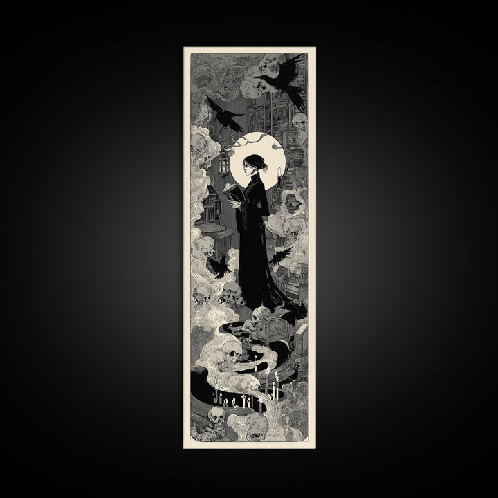 The Crypt Librarian, Decadent Line Art, Tall Narrow Wall Art, Dark Fantasy Wall Art, Framed Canvas Print, Halloween Wall Art