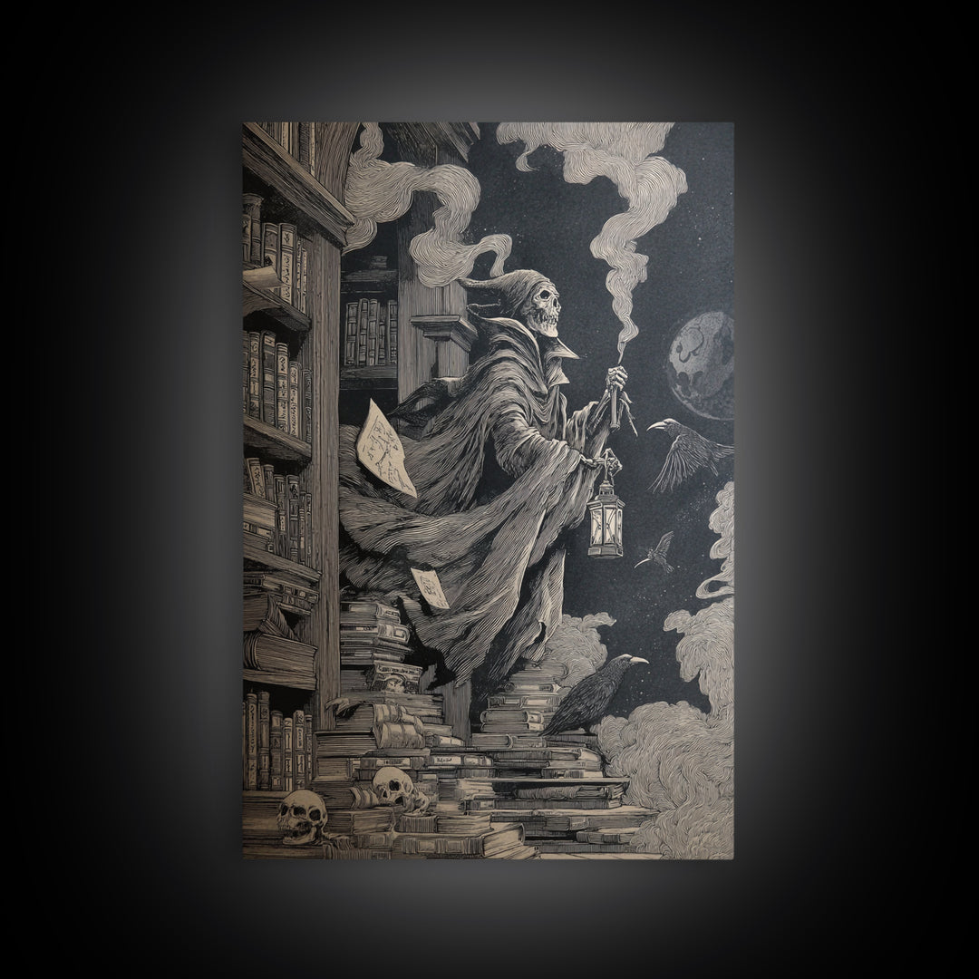 The Crypt Librarian, Victorian Macabre Art, Vertical Wall Art, Dark Halloween Decor, Framed Canvas Print, Halloween Wall Art