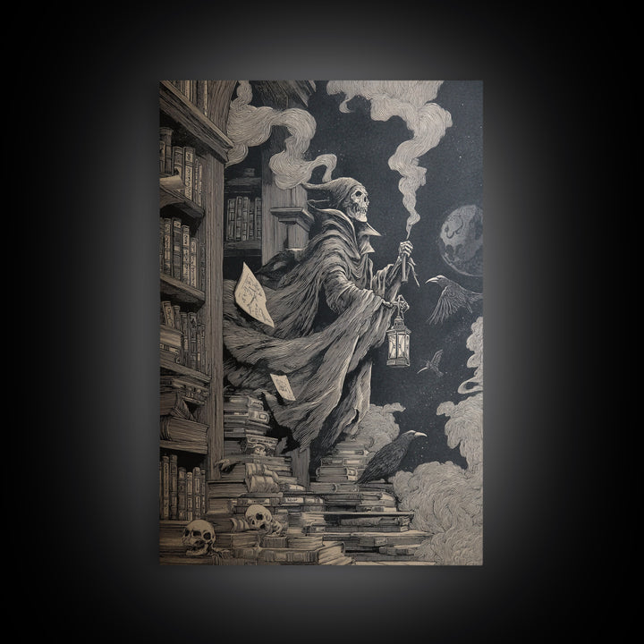 The Crypt Librarian, Victorian Macabre Art, Vertical Wall Art, Dark Halloween Decor, Framed Canvas Print, Halloween Wall Art