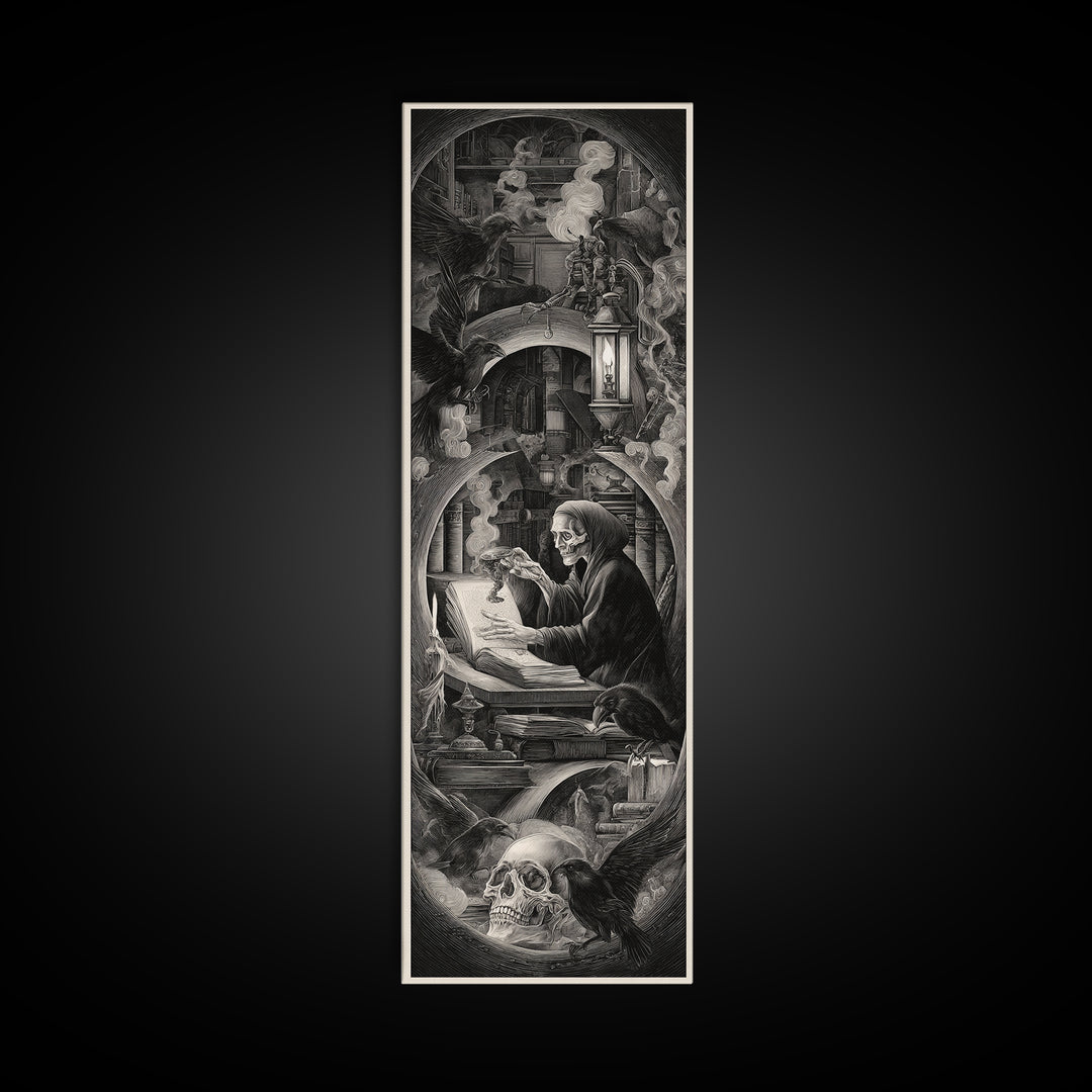 The Crypt Librarian, Biomechanical Horror Art, Tall Narrow Wall Art, Macabre Wall Art, Framed Canvas Print, Halloween Wall Art