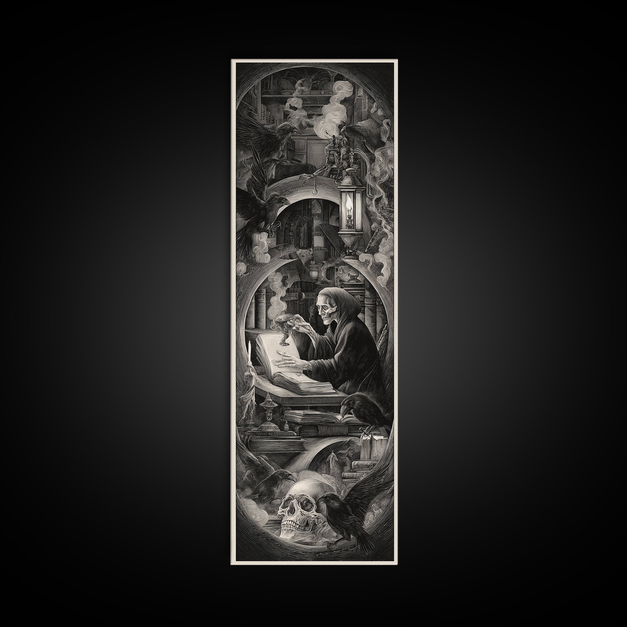 The Crypt Librarian, Biomechanical Horror Art, Tall Narrow Wall Art, Macabre Wall Art, Framed Canvas Print, Halloween Wall Art