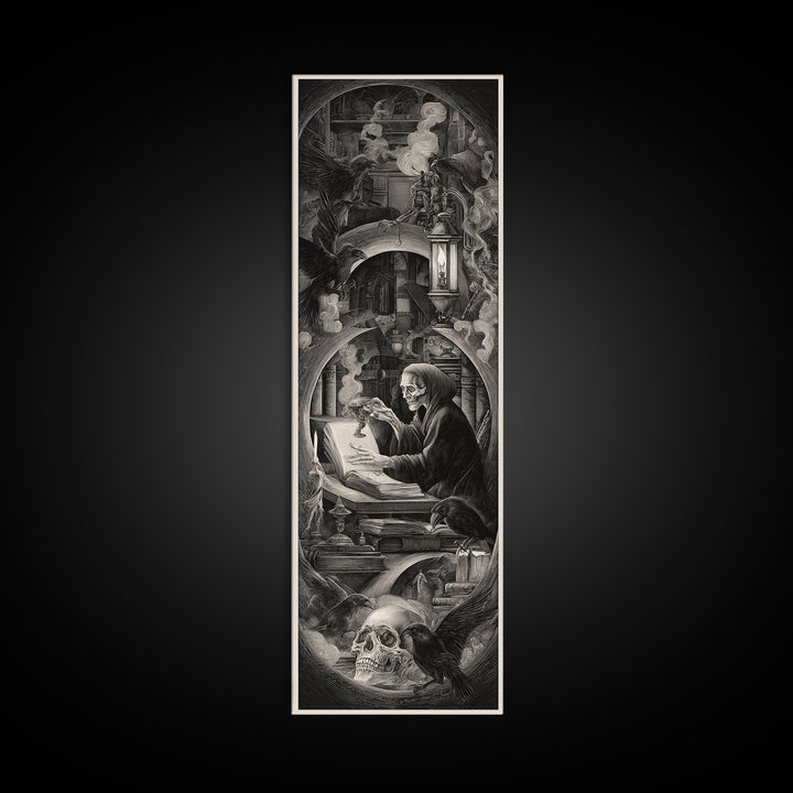 The Crypt Librarian, Biomechanical Horror Art, Tall Narrow Wall Art, Macabre Wall Art, Framed Canvas Print, Halloween Wall Art