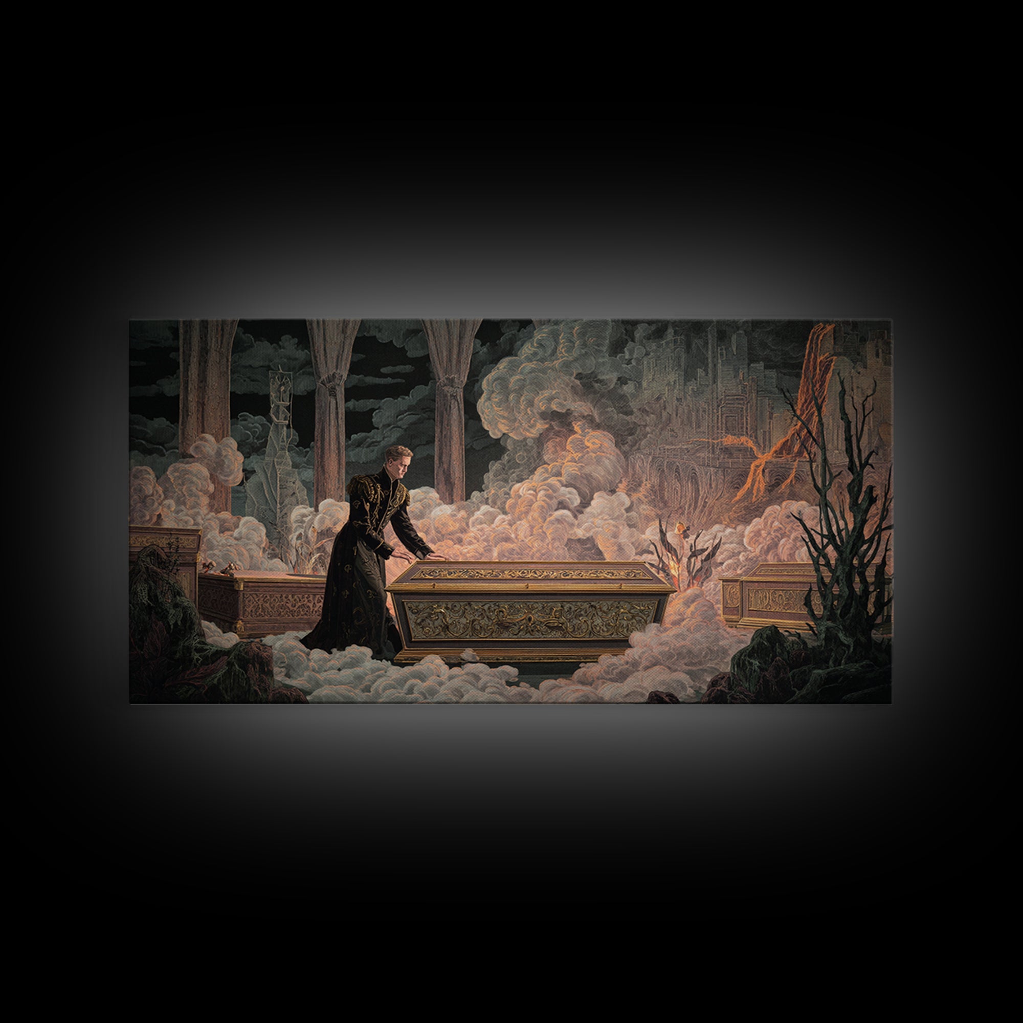 The Royal Coffin Maker, Apocalyptic Romantic Art, Wide Panoramic Art, Macabre Wall Art, Framed Canvas Print, Halloween Wall Art