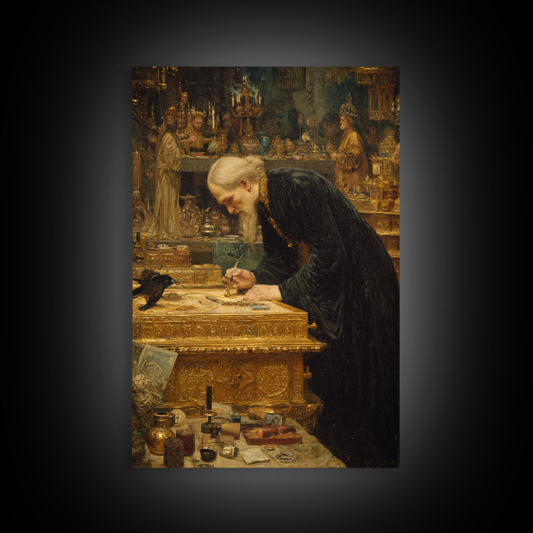 The Royal Coffin Maker, Ornate Symbolist Art, Vertical Wall Art, Dark Fantasy Wall Art, Framed Canvas Print, Halloween Wall Art